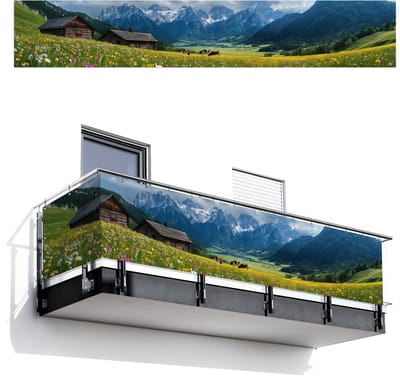 Balkonscherm 500x85 cm - Balkonposter Alpen - Weide - Bergen - Koeien - Balkon scherm decoratie - Balkonschermen - Balkondoek zonnescherm