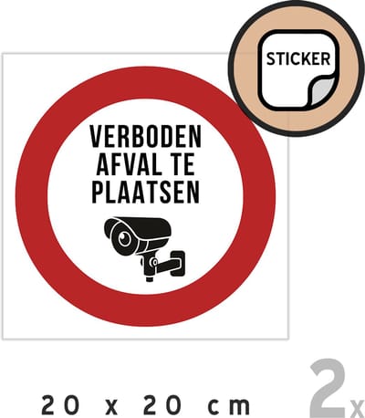 Pictogram/ stickers (2x) | "Verboden afval te plaatsen" + camerabewaking | 20 x 20 cm | Sluikstorten | Propere buurt | Sticker | Container | Afvalpunt | Zelfklever | 2 stuks
