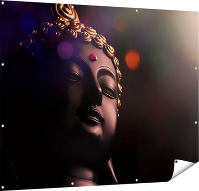 Gards Tuinposter Boeddha Beeld met Gouden Sierraden - 150x120 cm - Tuindoek - Tuindecoratie - Wanddecoratie buiten - Tuinschilderij