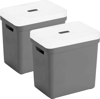 Sunware opbergboxen met deksel - 2x - Sigma Home - kunststof - 25 liter - antraciet - opberg bakken / manden - 35 x 25 x 36 cm