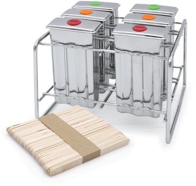 Dailygoods- Ijsvormen herbruikbaar - Set van 6 - Inclusief 50 houten ijsstokjes - Metalen standaard - Vaatwasmachinebestendig - Gemaakt van roestvrij staal