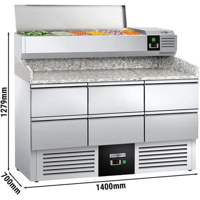 GGM Gastro Pizzakühltisch PREMIUM - 1400x700mm - mit 6 Schubladen 1/2 - inkl. Kühl-Aufsatzvitrine 6x GN 1/4