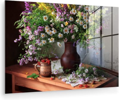MuchoWow® Glasschilderij 150x100 cm - Schilderij acrylglas - Bloemen - Tafel - Stilleven - Boeket - Vaas - Foto op glas - Muurdecoratie woonkamer - Wanddecoratie slaapkamer - Schilderijen
