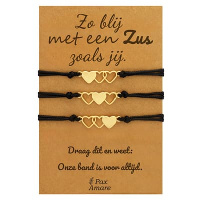 Vriendschapsarmbandjes voor 3 "Zo blij met een zus zoals jij" - Hartjes - Sisters Armbandjes met Cadeau Kaartje - Goudkleurig - Elastisch Verstelbaar - Pax Amare