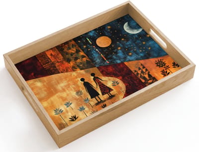 Dienblad hout 40x30 cm - Schootdienblad - Silhouetten - Abstract - Zon - Maan - Borrelplank rechthoek - Plateau dienbladen