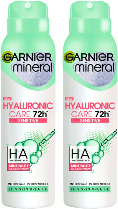 Garnier Mineral Hyaluronic Care Sensitive Deodorants Body Spray - Verzorgende Frisheid en Bescherming Okselhuid - 2 x 150 ml