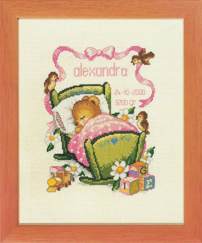 Pako Borduurpakket geboorte- tel patroon met codekaart - lief beertje in wiegje roze geboortetegel -225.289 -voorgesorteerd garen- Aida -14 x 18 cm - DIY kit