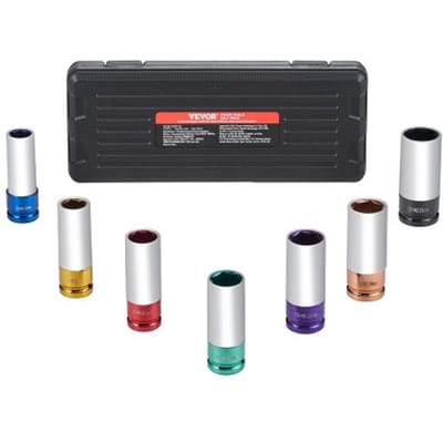 VEVOR Wielmoer-slagmoersleutelset, metrische 6-punts diepe doppenset, 12,7 mm aandrijving, 7 wielmoermaten totaal 17/19/21/22/23/24/27 mm, wielmoer-slagmoersleutelset gemaakt van Cr-Mo