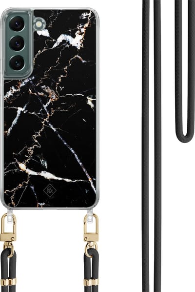 Casimoda® hoesje met koord - Geschikt voor Samsung S22 - Marmer Zwart - Afneembaar koord - TPU/polycarbonaat - Zwart