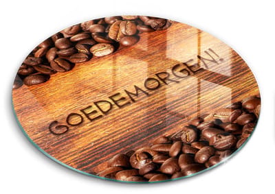 Wallfluent Glazen Snijplanken - Koffiebonen, Goedemorgen! Snijplanken Glas - fi40 cm - Bruin Snijplanken van Glas - Glazen Keukenplank - Design Glazen Snijplank Keuken - Antislip Glazen Serveerplank