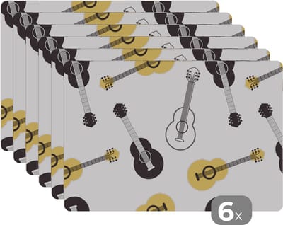 Placemat - Placemats kunststof - Gitaar - Patronen - Instrumenten - 45x30 cm - 6 stuks - Hittebestendig - Anti-Slip - Onderlegger - Afneembaar