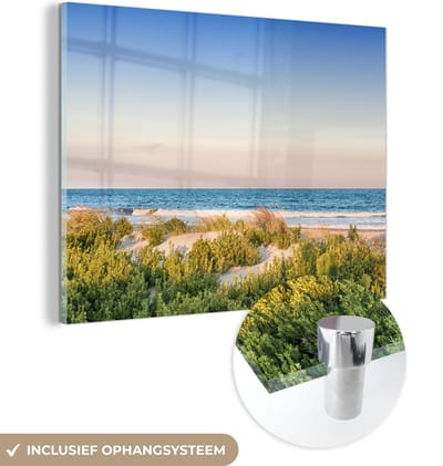 MuchoWow® Glasschilderij 160x120 cm - Schilderij acrylglas - Strand - Planten - Licht - Foto op glas - Muurdecoratie woonkamer - Wanddecoratie slaapkamer - Schilderijen