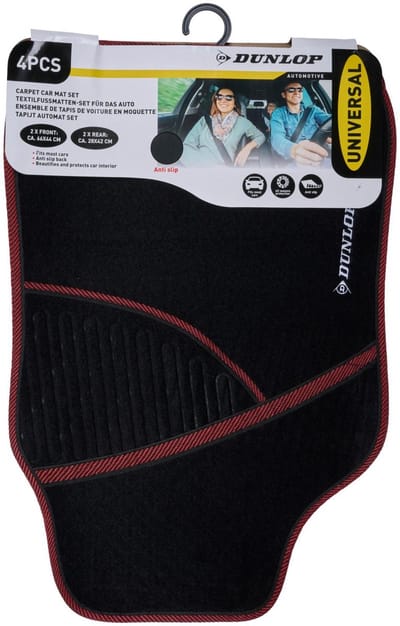 Dunlop Automatten Set - 4 Stuks - 2 Auto Vloermatten 66 x 44 CM - 2 Auto Matten 28 x 42 CM - Anti-Slip - Zwart/Rood