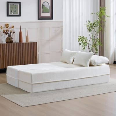 DESMIU Slaapbank 198 Cm - Modulaire 2-Zits Futon Met Hoge Dichtheid Schuim En 4 Sierkussens - Voor Woonkamer En Slaapkamer - Stof Wit