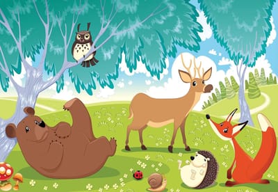 Fotobehang  Animals In Forest | XL - 208cm x 146cm | 130g/m2 Vlies
