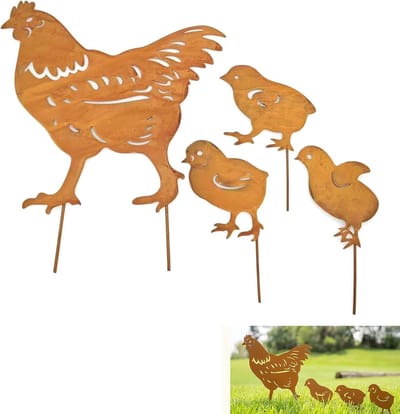 Schattige Roestige Kippenfamilie Tuindecoratie met Kuikens - 4 Stuks voor een Charmante Tuin