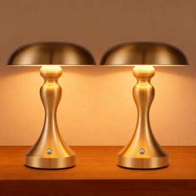 Glitzerlife - Tafellamp Draadloos Oplaadbaar - 2 stuks LED Tafellamp - Touch Dimbaar Bedlampje Vintage Retro - 3 Lichtkleuren 3000-6500K - IJzer Design - Ø22 cm - Goud Brons