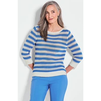 Tricot pullover met blokstrepen - blauw / wit / gedess. - Gr. 40 van Goldner Fashion