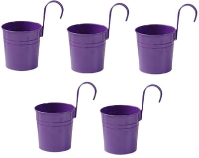 5 stuks hangende bloempotten metalen ijzeren emmer plantenbak pot metalen emmer bloemhouder met haak binnen buiten decor voor reling hek balkon tuin (donkerpaars)