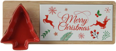 Decoris - Serveerplank Kerstboom met Rood Schaaltje - Merry Christmas - Keramiek FSC - 12 x 30cm