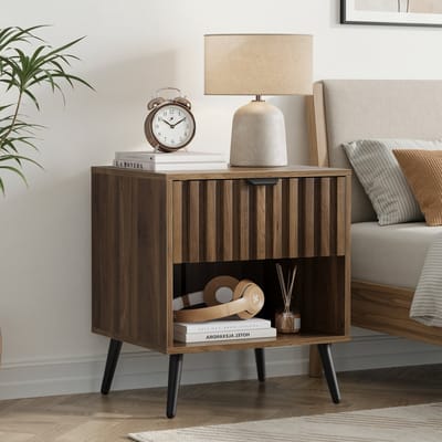 OKWISH Nachtkastje – Met Lade En Open Vak – Voor Slaapkamer En Woonkamer – MDF Walnoot Met Zwart Metaal – 45 x 40 x 53 cm