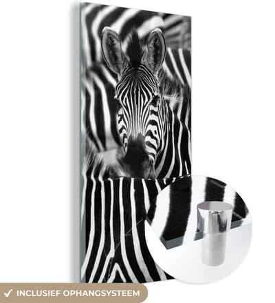 MuchoWow® Glasschilderij 20x40 cm - Schilderij acrylglas - Zebra zwart-wit fotoprint - Foto op glas - Schilderijen