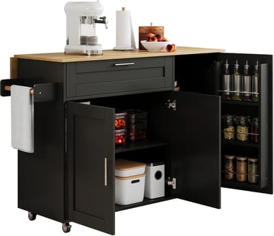 WELLTIN Verplaatsbaar keukeneiland, inklapbaar werkblad, eikenhoutnerf, multifunctionele kast, kruidenrek, handdoekrek, 5 wielen, 132x44x90cm, geschikt voor keuken/eetkamer/thuis - Zwart