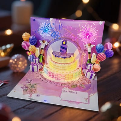 Oneay 3D verjaardagskaart met muziek en verlichting – Verjaardagskaart met uitblaasbare LED-kaarsjes – Originele wenskaart voor ouders, vrienden en geliefden – Muzikale felicitatiekaart voor verjaardag en feestelijke verrassingen