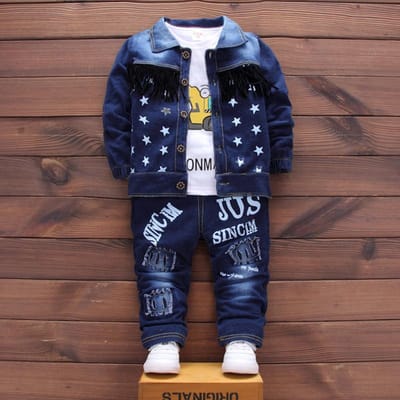 Lente Herfst Kinderen Kids Kleine Jongens Kleding Set 3-delige Set Lange Mouw Katoenen Hoodie T-shirt Denim Jas Jas en Jeans 100cm black
