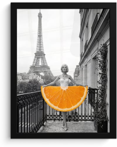 Poster in lijst - Fotolijst 30x40 cm - Posters - Sinaasappel - Eiffeltoren - Vrouw - Posterlijst zwart - Decoratie - Wanddecoratie woonkamer - Muurdecoratie slaapkamer