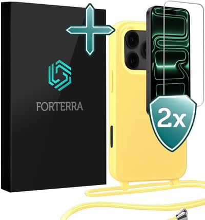 Hoesje Geschikt voor iPhone 17 Pro Case Siliconen Hoes Met Koord Met 2x Screenprotector - Hoes Geschikt voor iPhone 17 Pro Met Telefoonkoord Hoesje Backcover - Geel