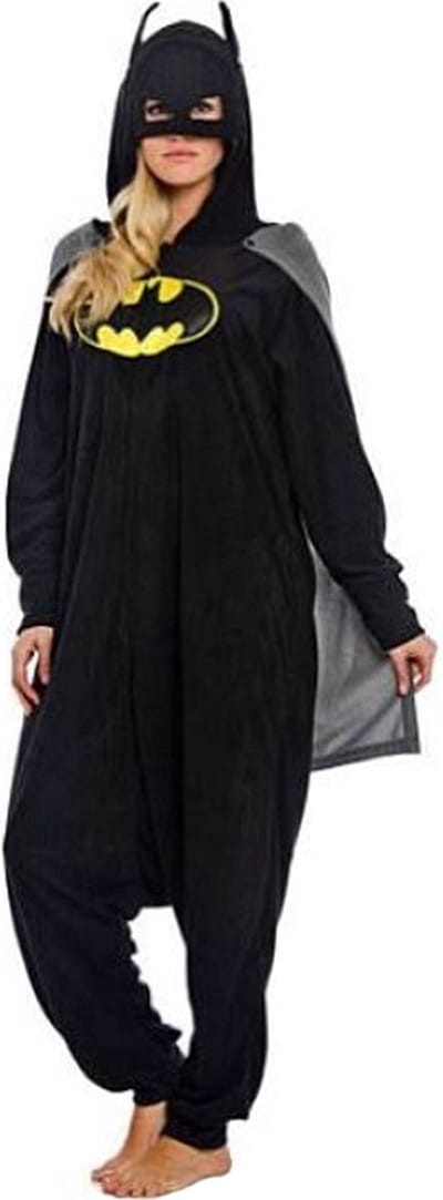 KIMU® Onesie Batman Zwart Pak Kostuum met Cape En Masker - Maat XS-S of 152-158 - Vleermuis Jumpsuit Pyjama Vleermuizenpak Huispak Dames Heren Volwassenen Festival