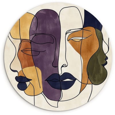 WallCircle® Wandcirkel 120x120 cm - Muurcirkel Abstract - Overlappende gezichten - Paars - Donkergroen - Muurdecoratie woonkamer - Wanddecoratie slaapkamer - Kamer decoratie accessoires - Ronde schilderijen XXL