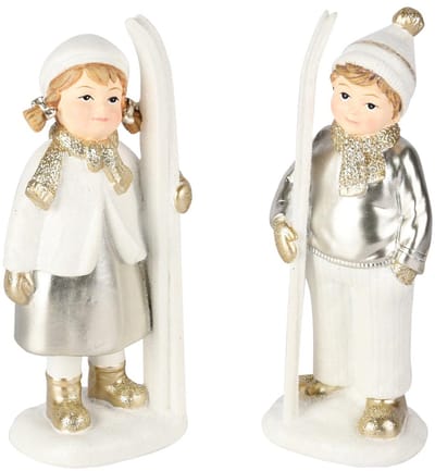 Dekoratief | Winterkindje m/ski's, wit/goud, resina, 7x5x15cm, set van 2 stuks | A255821