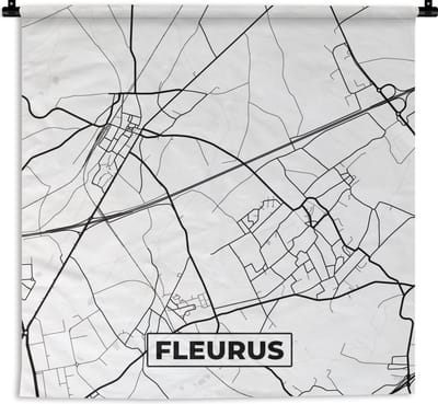 Wandkleed - Wanddoek - België – Fleurus – Stadskaart – Kaart – Zwart Wit – Plattegrond - 180x180 cm - Wandtapijt