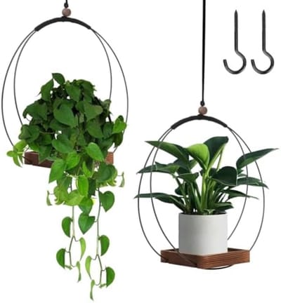 PromoHome Set van 2 Wandplantenbakken met Houten Onderzetter - Moderne Hangende Bloempotten voor Binnen en Buiten