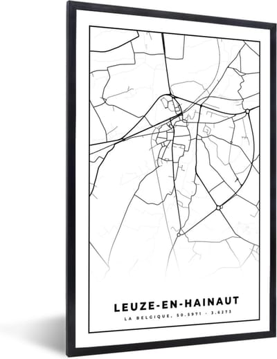 Fotolijst incl. Poster Zwart Wit- België – Leuze en Hainaut – Stadskaart – Kaart – Zwart Wit – Plattegrond - 40x60 cm - Posterlijst