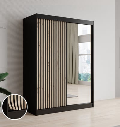 Meubella - Kledingkast Lisbon 2 - Zwart - 150 cm - Met spiegel