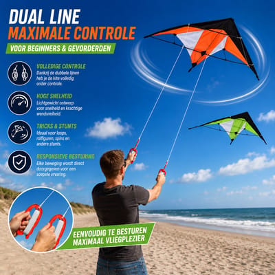 Stuntvlieger Set van 2 – Dual Line Vliegers 120 x 50 cm – Inclusief 30 m Lijnen, Handgrepen & Opbergtas – Groen & Oranje