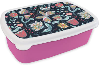 Broodtrommel Roze - Lunchbox - Brooddoos - Vlinder - Vogel - Bloem - Patroon - 18x12x6 cm - Kinderen - Meisje