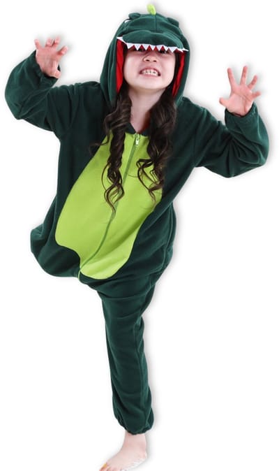 BoefieBoef Dieren Onesie Dinosaurus voor Kinderen 9-12 Jaar – Pyjama Dieren Verkleedpak – Warme Flanel Jumpsuit met Capuchon – Knuffelpak & Huispak – Zwemles – Carnaval, Halloween & Sinterklaas Cadeau – Jongens & Meisjes - Donker Groen