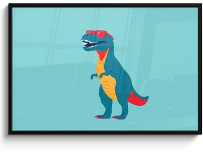 Poster in lijst - Fotolijst 120x80 cm - Posters - Dinosaurus - Blauw - Zonnebril - Posterlijst zwart - Decoratie - Wanddecoratie woonkamer - Muurdecoratie slaapkamer