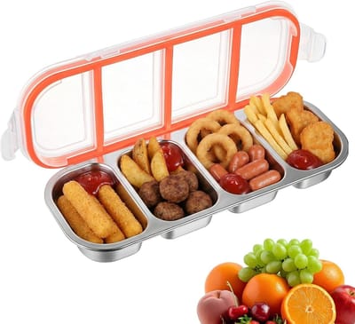 Snackbox met Deksel – 500 ml Roestvrijstalen Lunchbox met 4 Compartimenten – Draagbaar Verdeeld Maaltijdplateau voor Fruit, Noten, Desserts – Picknick, Kamperen, Kantoor – Snackboxen