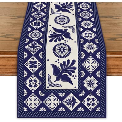 Mexicaanse Blauwe Patchwork Tegels Linnen Tafelkleed Mexicaanse Fiesta Talavera Bloemen Vogel Decoratie Mexicaanse Dia De Los Muertos Feest Decoratie 150x33cm