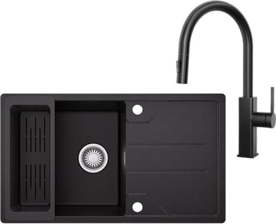 CECIPA max Spoelbak Keuken 78*45cm - Graniet Spoelbakken Met Uittrekbare Uitloop Keukenkraan - Multifunctionele Spoelbak Met Planchet en Afvoermand - Met waterafvoersysteem - Voor 60 cm kast - Zwart