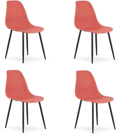 Set van 4 Stoelen WAT – Koraalrood, Zwarte Metalen Poten, Kunststof Zitting – Modern en Ergonomisch – Geschikt voor Eetkamer, Woonkamer, Keuken, Thuiswerkplek, Kantine en Wachtruimte – Eenvoudige Montage