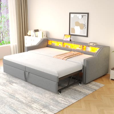 MEUNIQ Slaapbank 90/180 x 200 cm uitschuifbaar met lattenbodem, 3 opbergvakken, LED-verlichting en USB, gestoffeerd bedframe voor slaapkamer of woonkamer, lichtgrijs