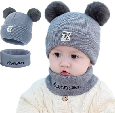 Babymuts met dubbele pompons - Sjaal set - Warme bivakmuts - Rekbaar voor 0-24 maanden - Zacht katoen - Geschikt voor jongens/meisjes - Babyset