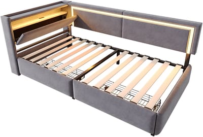 COVREO Slaapbank met LED en USB – 90x200 cm – Bedframe met opbergruimte – voor slaapkamer en logeerkamer – Donkergrijs - zonder matras