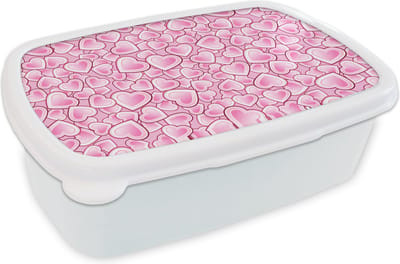 Broodtrommel Wit - Lunchbox - Brooddoos - Meiden - Hartjes - Roze - Patronen - Girl - Kindje - Kinderen - 18x12x6 cm - Volwassenen